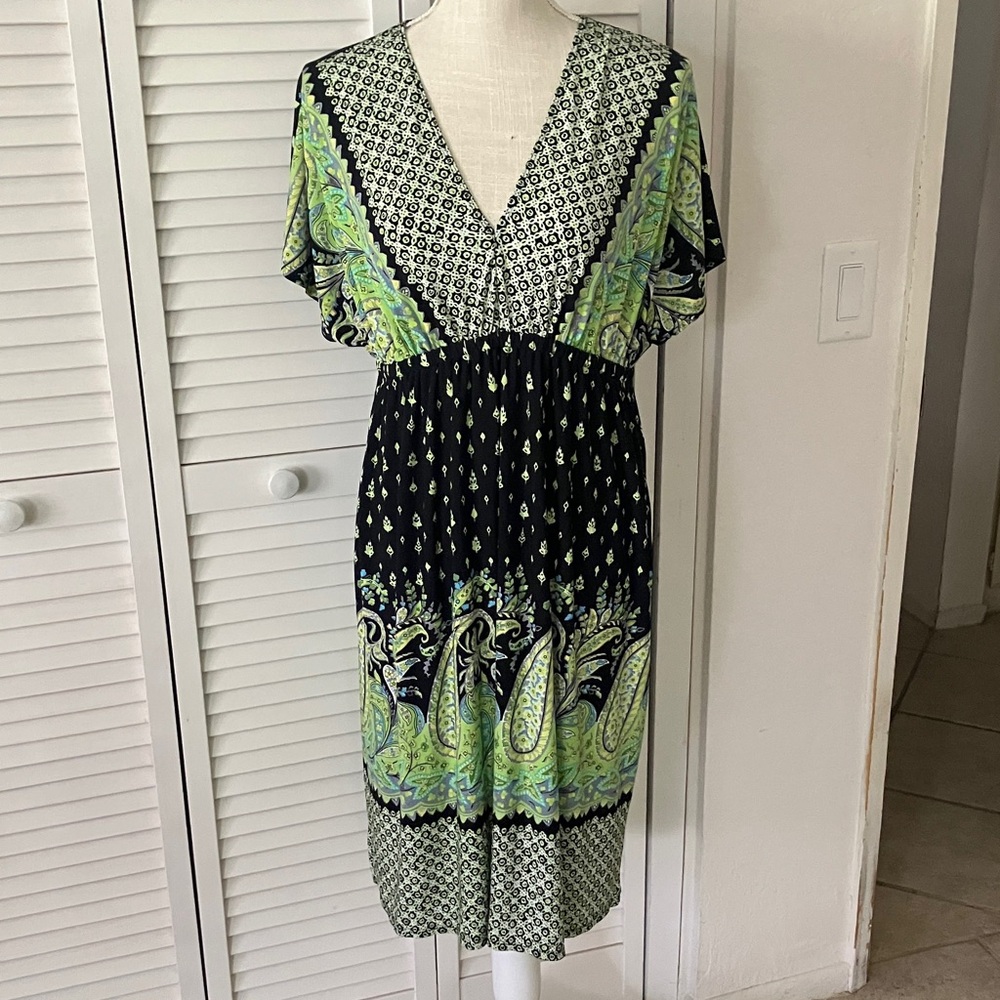 Cato Black and Lime Paisley Midi Dress Size L